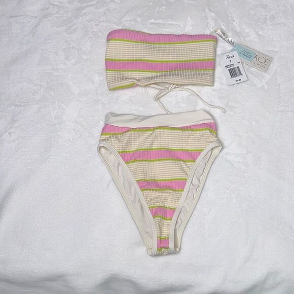 L*Space Beach Wave Ribbed Bandeau Bikini Top & Sandy Bikini SET Size Small - Picture 2 of 7